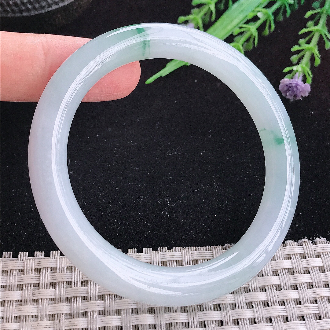实拍A货翡翠54.5/9/9.2老坑冰胶果冻冰飘花圆条手镯平安镯百搭