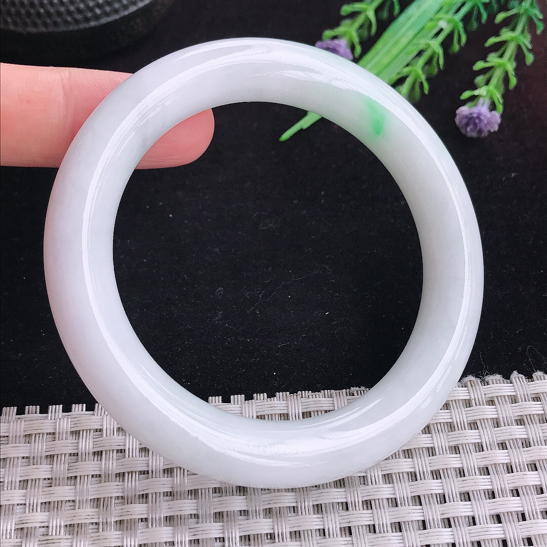 实拍A货翡翠56/10.9/10.7老坑精美白底青圆条手镯平安镯百搭