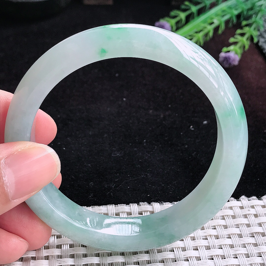 实拍A货翡翠58/12.8/8.5老坑冰润起胶飘花手镯宽边玉镯平安镯百搭