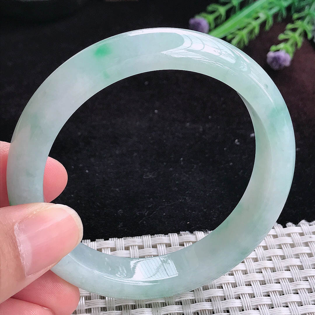 实拍A货翡翠58/12.8/8.5老坑冰润起胶飘花手镯宽边玉镯平安镯百搭