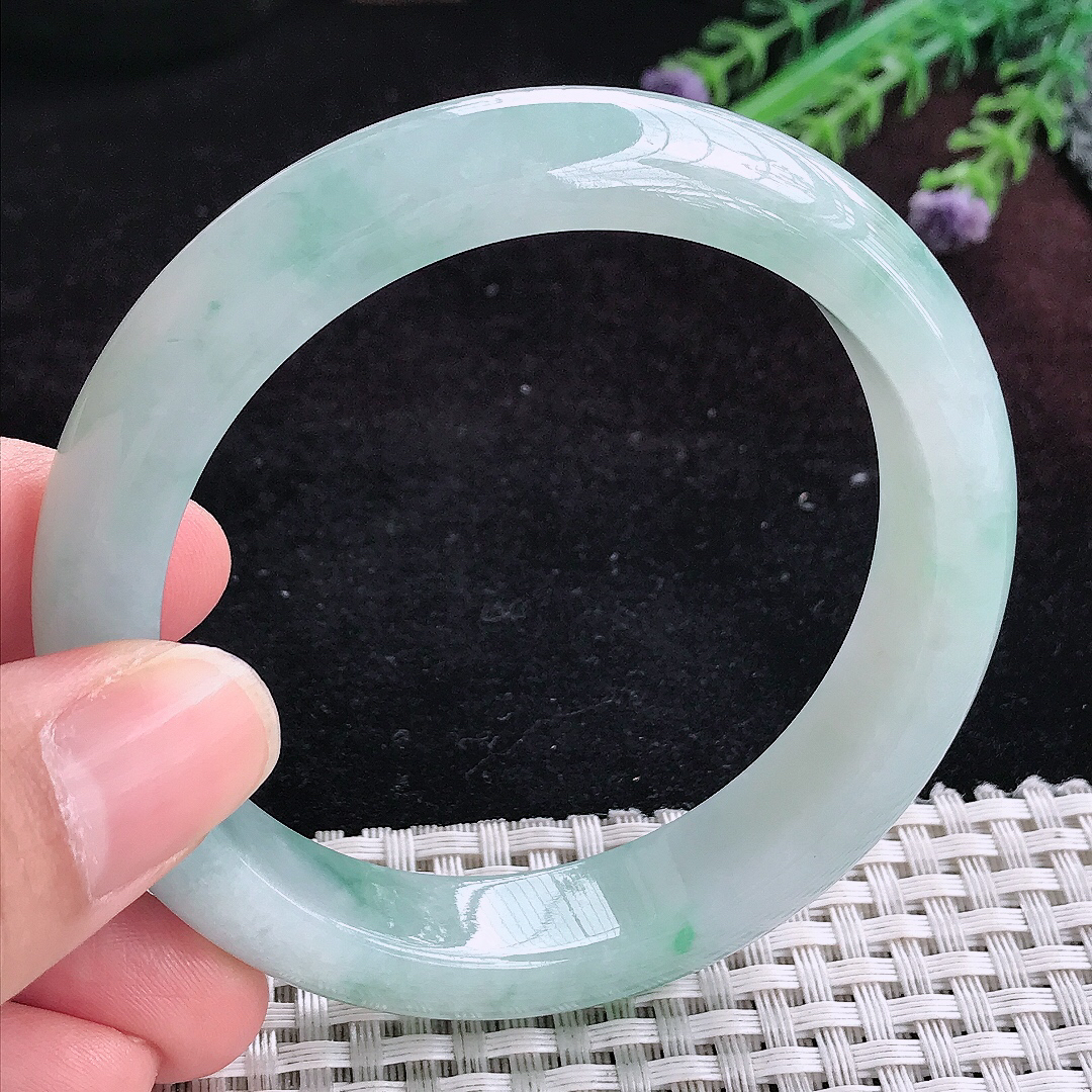 实拍A货翡翠58/12.8/8.5老坑冰润起胶飘花手镯宽边玉镯平安镯百搭