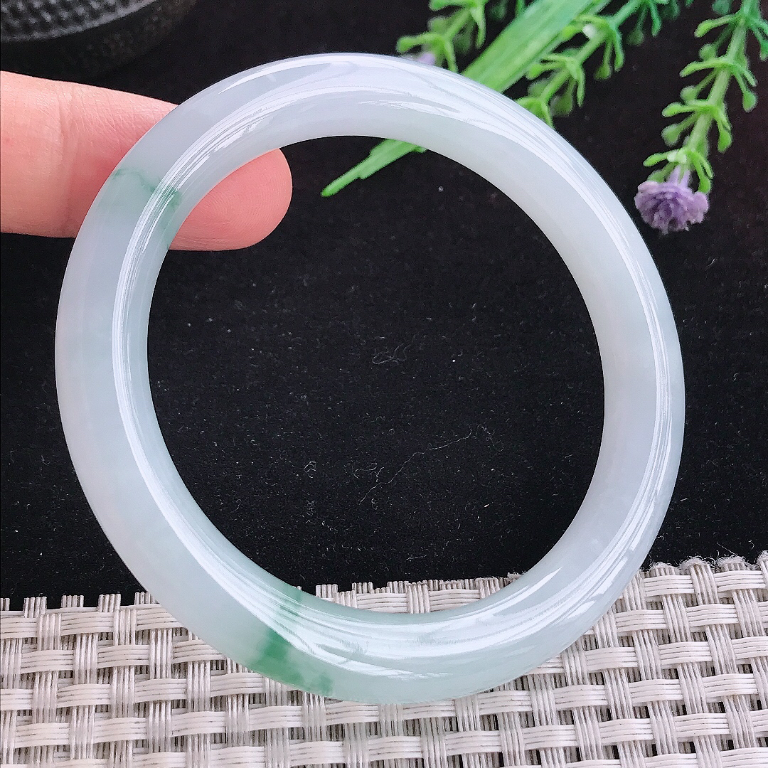 实拍A货翡翠54.5/9/9.2老坑冰胶果冻冰飘花圆条手镯平安镯百搭