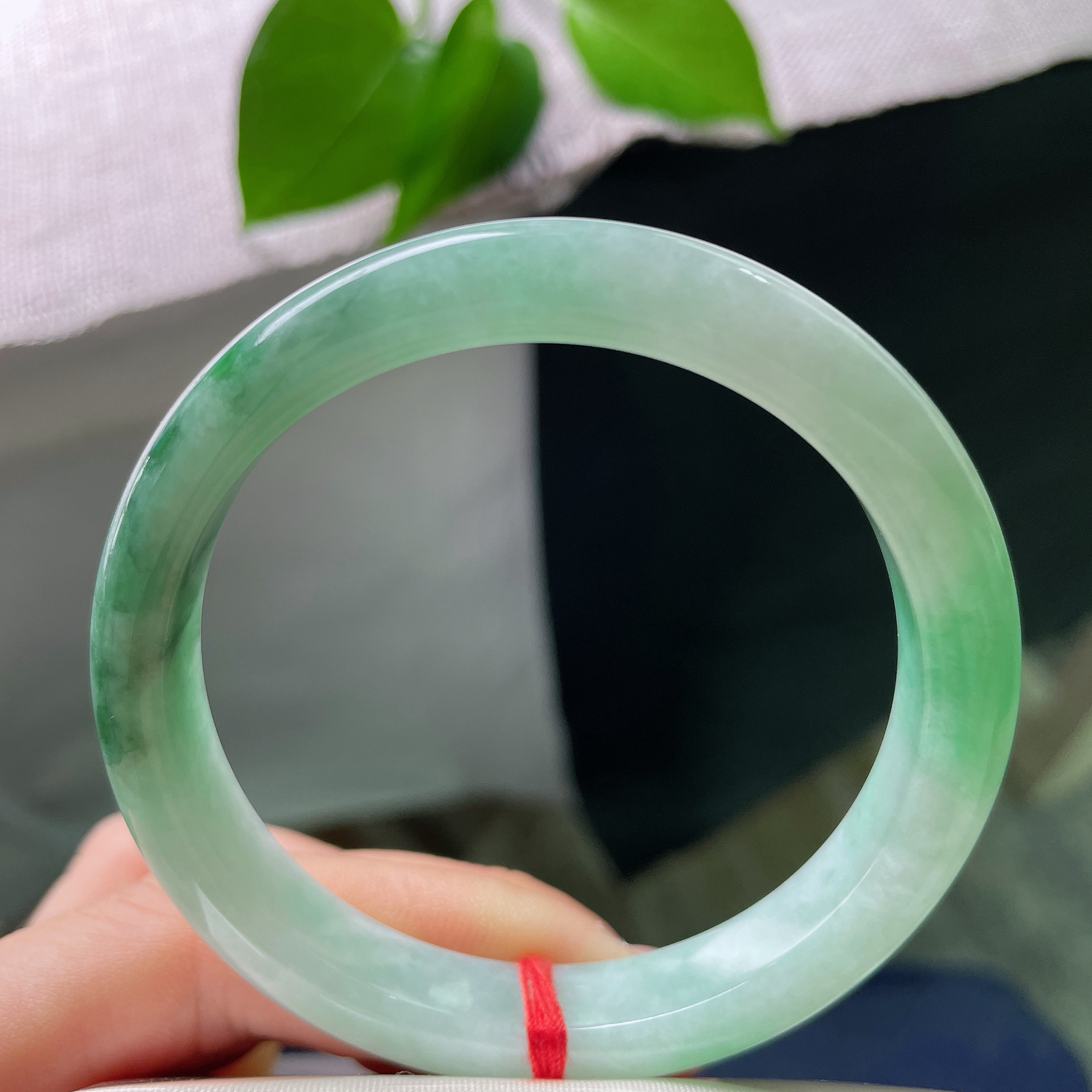 55.2/9.9/8.2，飘花正圈，皮纹，底色清甜柔和，一侧晕开一抹鲜亮阳绿，底端浓黑的飘花沉静内敛，三处色彩相互映衬，上手灵动秀气ss56973a