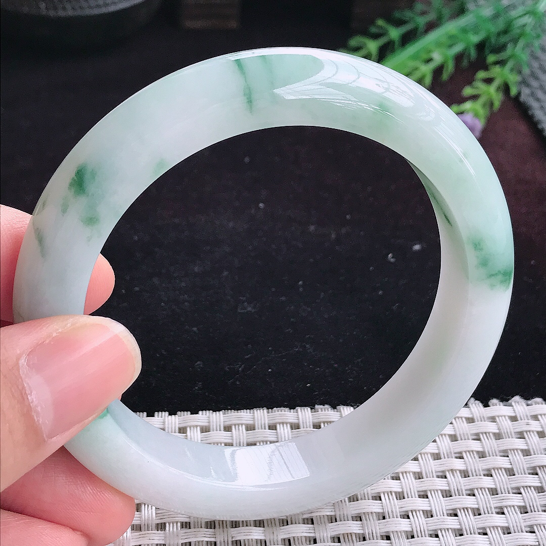实拍A货翡翠60/12.7/9.6老坑冰润飘花手镯宽边玉镯平安镯百搭