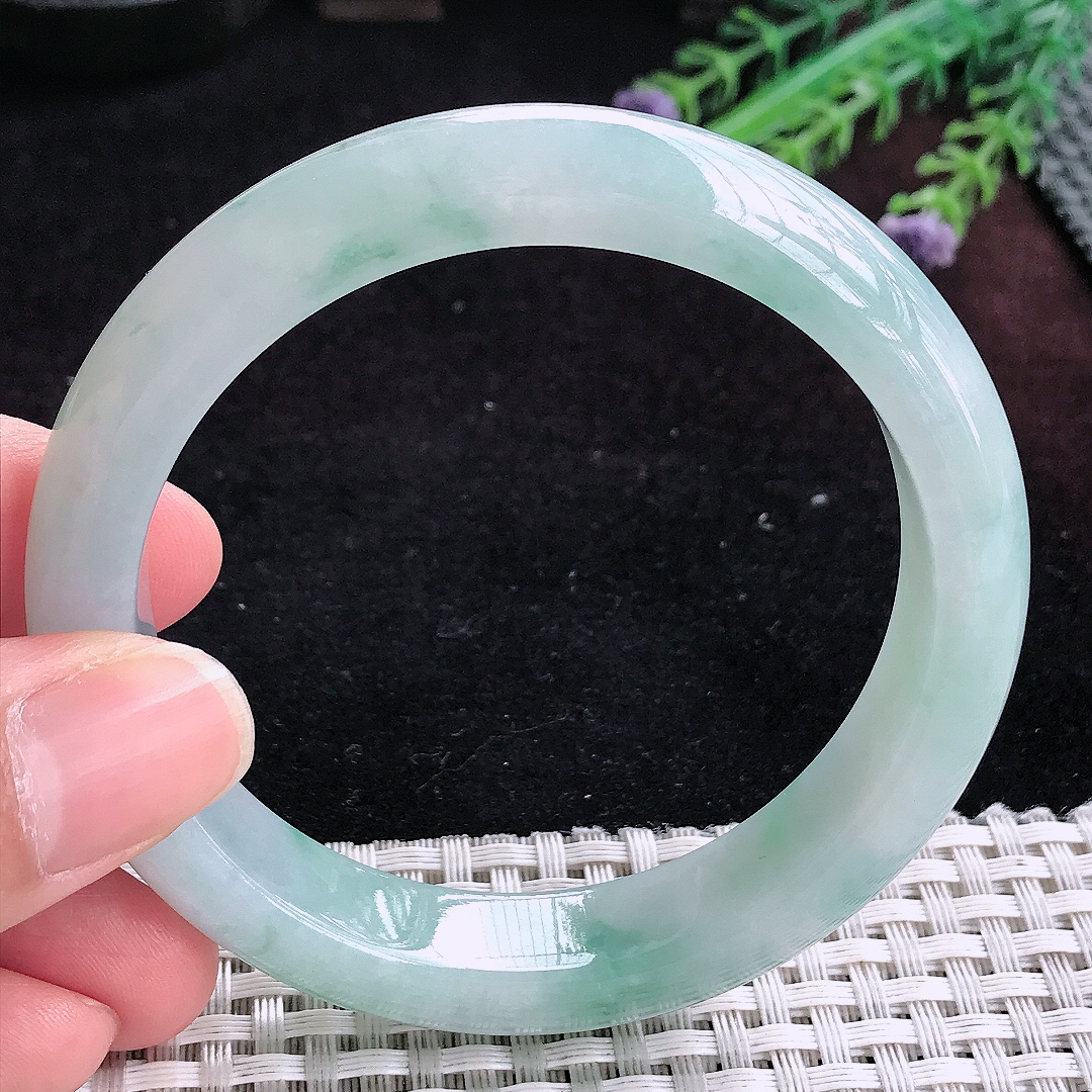 实拍A货翡翠58/12.8/8.5老坑冰润起胶飘花手镯宽边玉镯平安镯百搭
