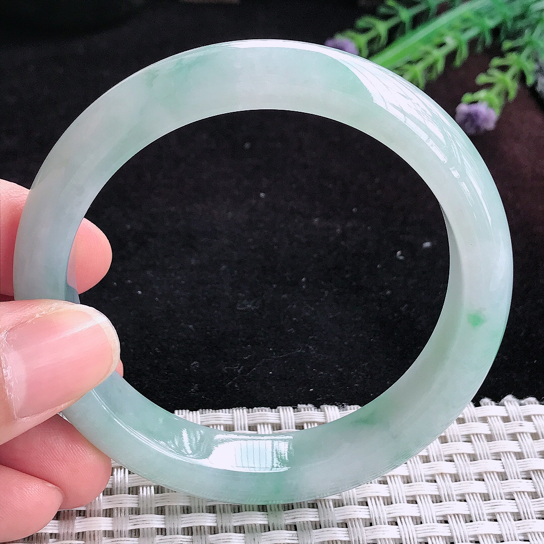 实拍A货翡翠58/12.8/8.5老坑冰润起胶飘花手镯宽边玉镯平安镯百搭