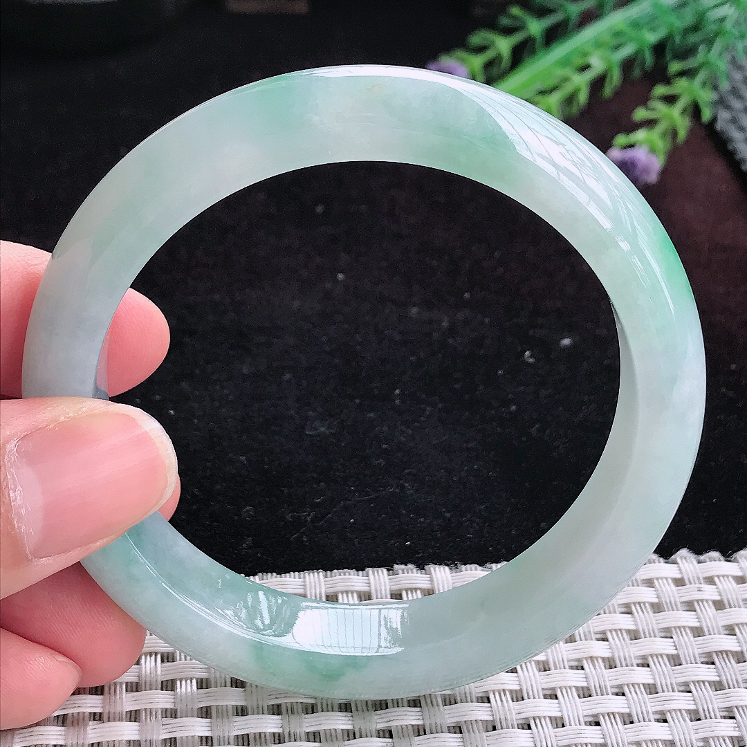 实拍A货翡翠58/12.8/8.5老坑冰润起胶飘花手镯宽边玉镯平安镯百搭