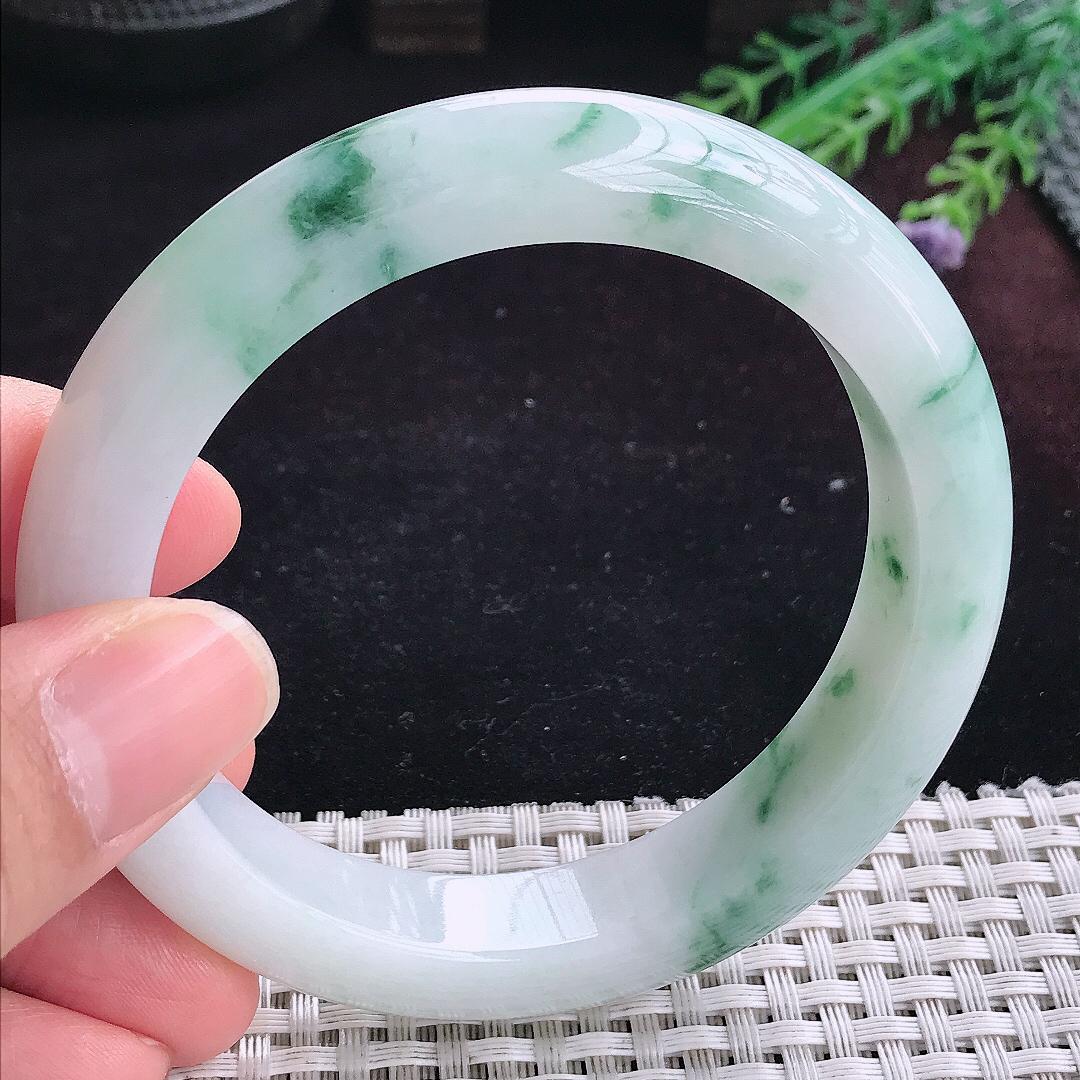 实拍A货翡翠60/12.7/9.6老坑冰润飘花手镯宽边玉镯平安镯百搭