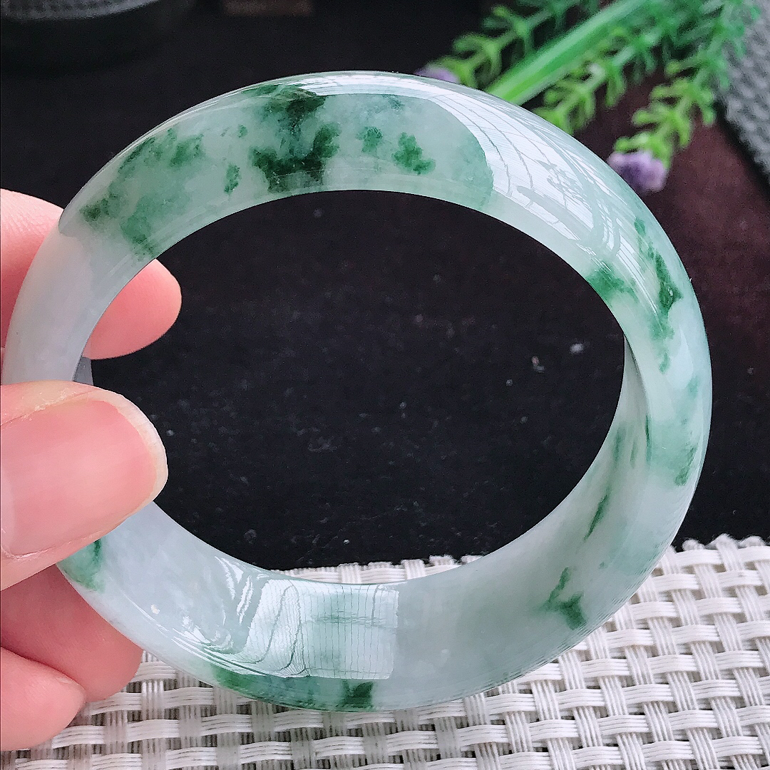 实拍A货翡翠59/19.8/8.2轮胎镯老坑冰胶冰飘花手镯宽边玉镯平安镯