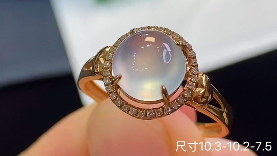 18k金+钻玻璃种蛋面戒指，无暇，10.3-10.2-7.5
