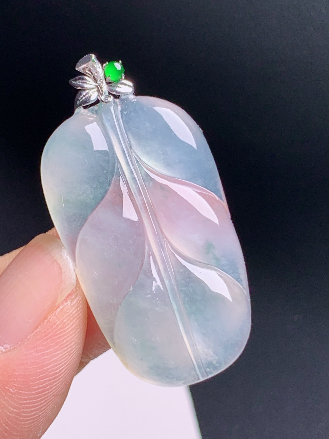 ️ 冰种树叶吊坠，清透莹润，金扣雅致，事业有成 裸石34.5-20.2-4.8 整体40 0803