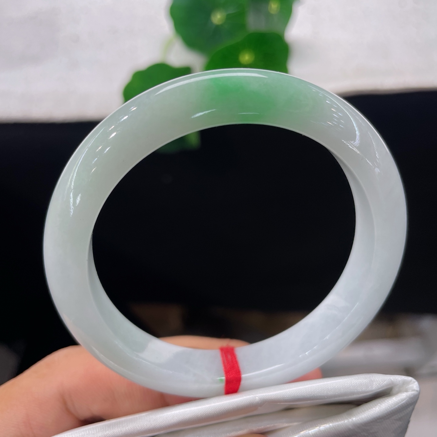 圈口54/10.4/8.5，白底青正圈，53/54可戴，白玉为底，翠色点睛。微棉线