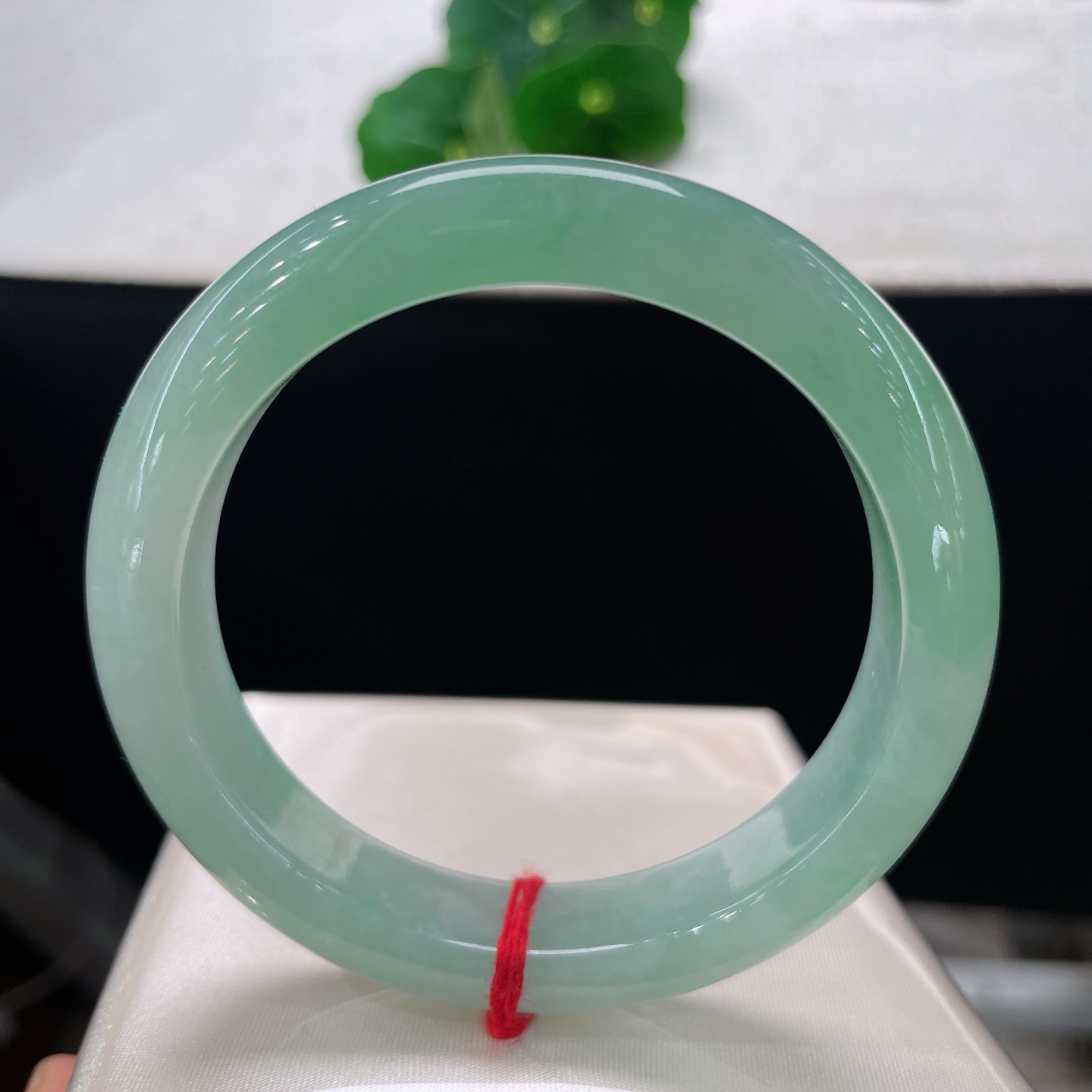 圈口56.3/11.8/8.6，果绿正圈，56/57可戴，仿若平湖浸柳，质地澄澈莹润。通体匀润淡绿。