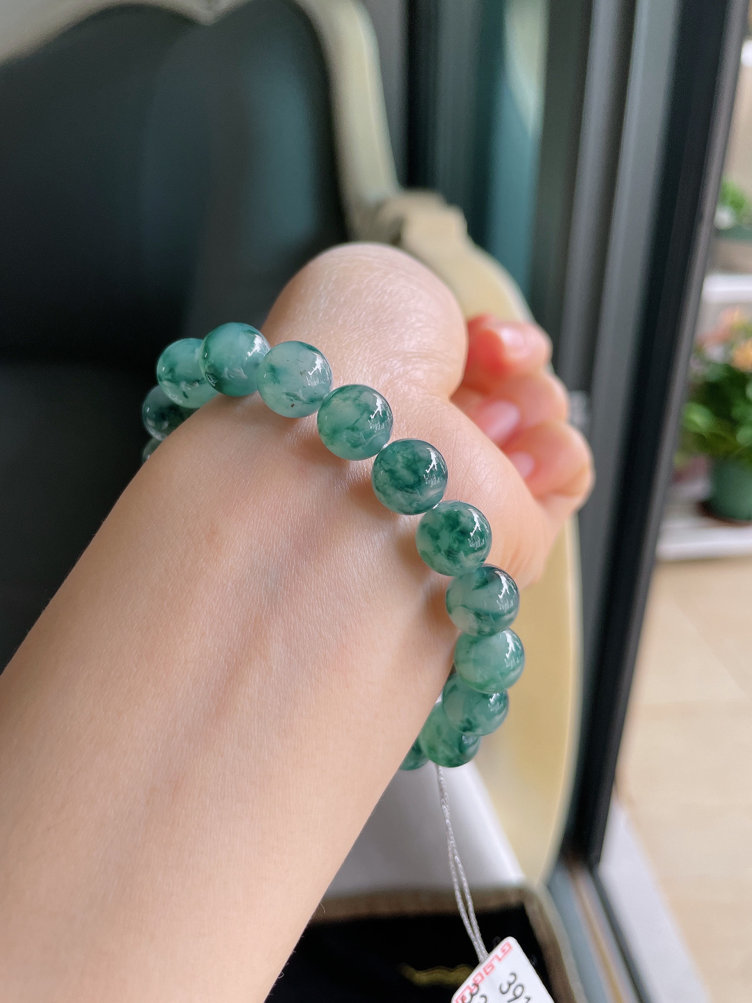 ️，缅甸天然翡翠A货，冰飘花手串，尺寸：10mm。【编3912】