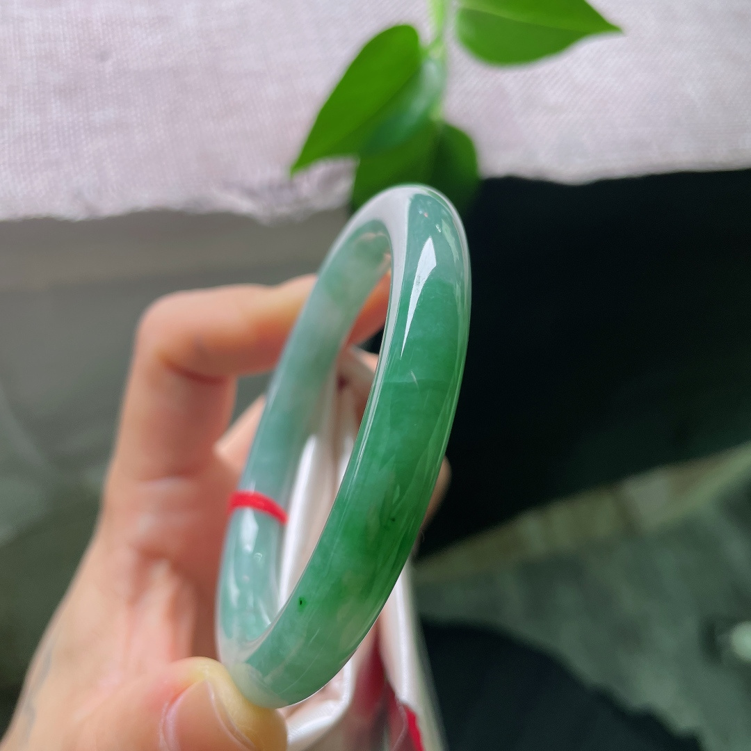 55.4/9.2，飘绿圆条，一点内纹，圆条镯型敦实雅致，绿水氤氲镯身，水光内敛，把一池远山碧色，戴于方寸腕间。ss56930a