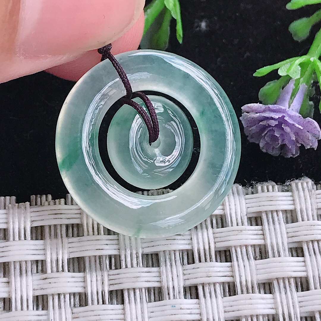实拍A货翡翠21.4/4老坑冰种冰飘花母子扣平安扣吊坠翡翠玉挂件