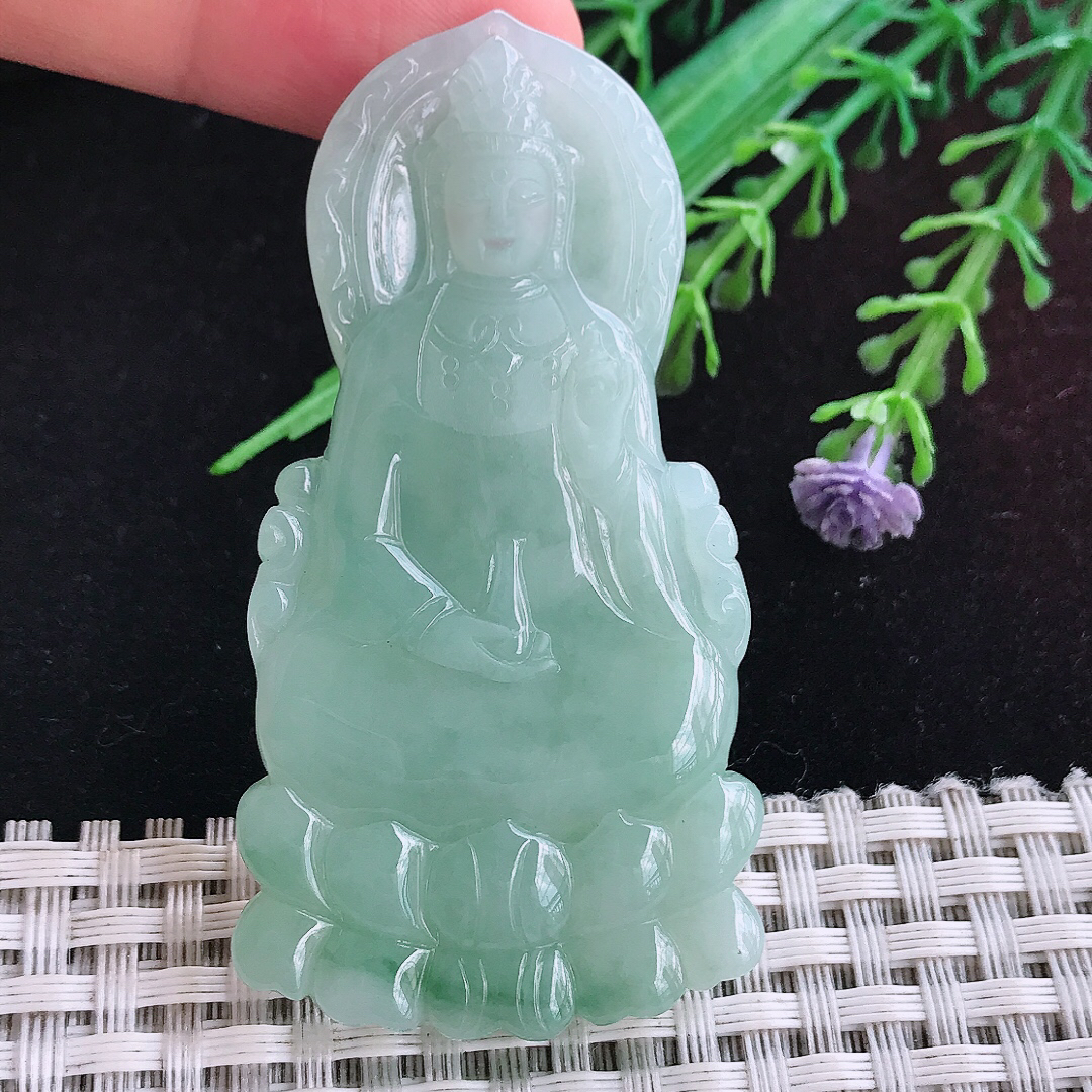 实拍A货翡翠63.8/33.5/5.3老坑冰润起胶冰晴绿赐福观音吊坠翡翠玉挂件