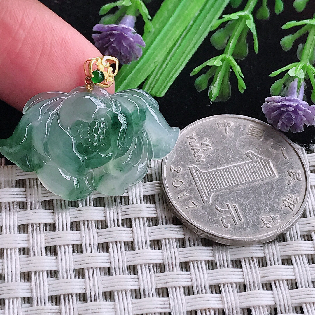 实拍A货翡翠18.4/29.8/4.8老坑18k金镶嵌冰种冰飘花莲花吊坠翡翠玉挂件