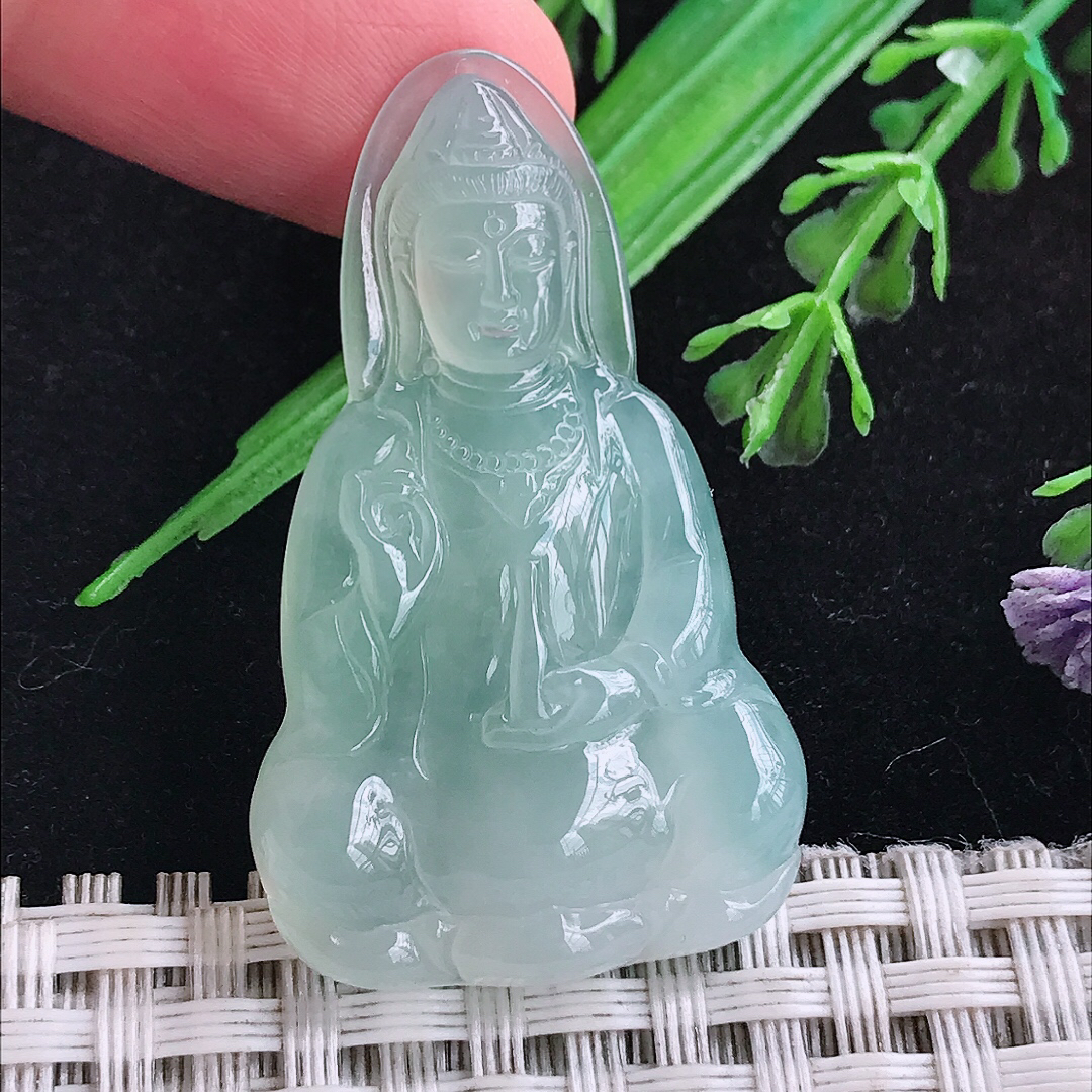 实拍A货翡翠41.3/25.3/5.4老坑冰种冰晴观音菩萨吊坠翡翠玉挂件