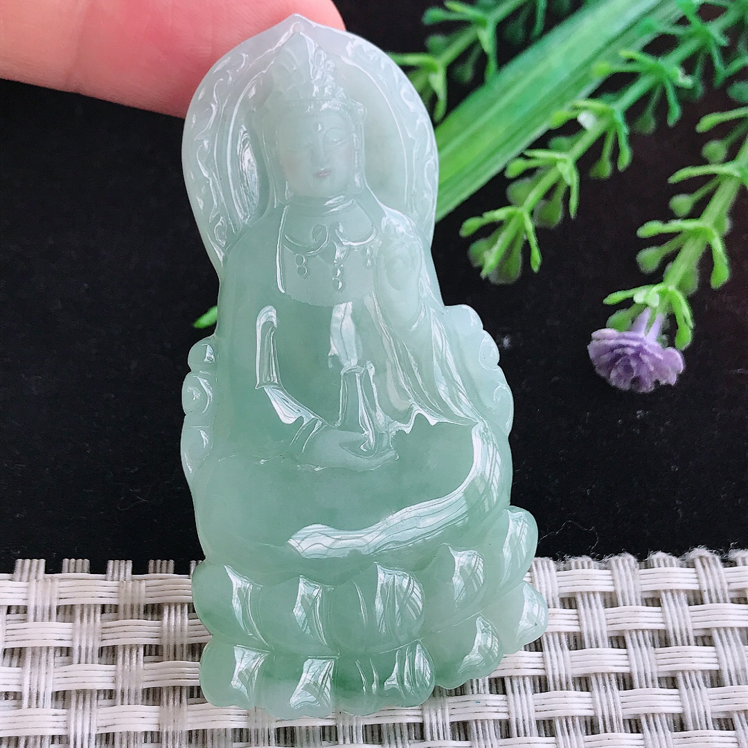 实拍A货翡翠63.8/33.5/5.3老坑冰润起胶冰晴绿赐福观音吊坠翡翠玉挂件