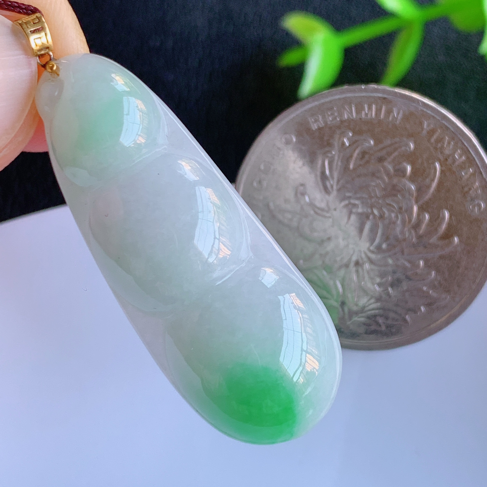 18k金扣冰润飘绿福豆翡翠挂件，老种飘花  冰清玉洁  胶感十足  寓意“四季平安，福气满满”颜色鲜艳，清新自然，饱满通透   W49.7  尺寸：36.2-13.8-6.2mm