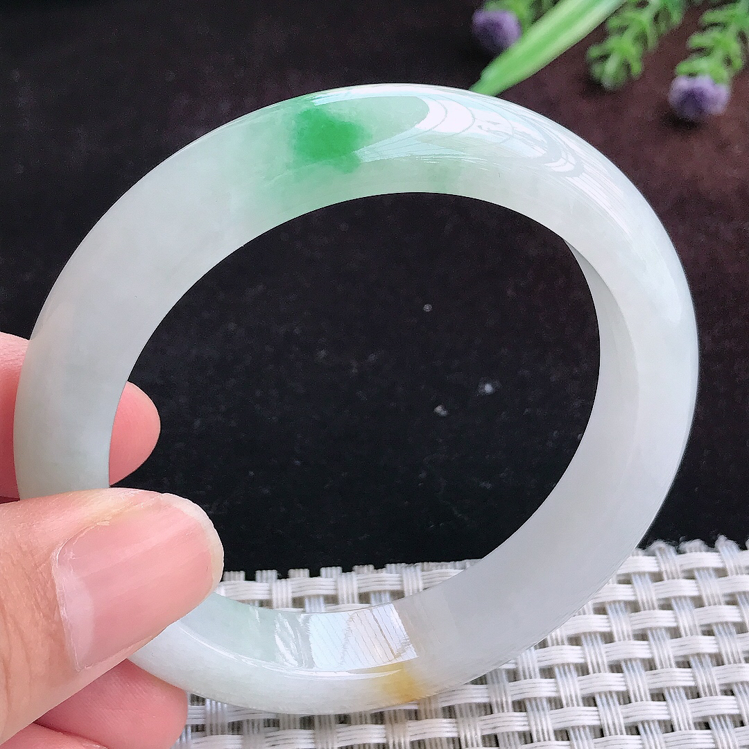 实拍A货翡翠56/12/8.7老坑冰润精美三彩手镯宽边玉镯平安镯百搭
