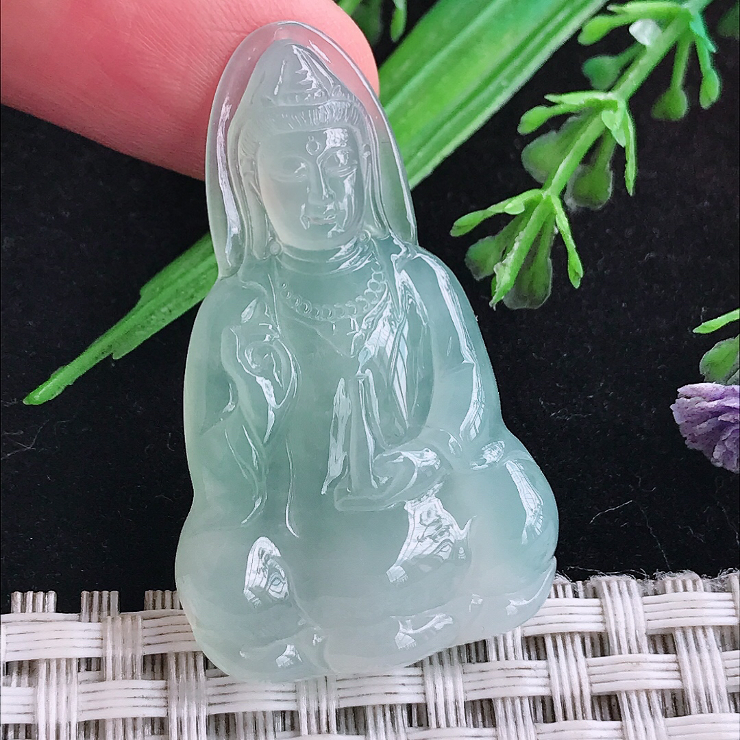 实拍A货翡翠41.3/25.3/5.4老坑冰种冰晴观音菩萨吊坠翡翠玉挂件