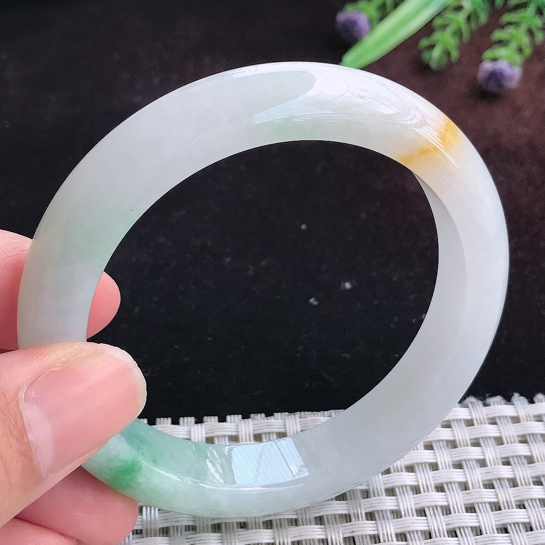 实拍A货翡翠56/12/8.7老坑冰润精美三彩手镯宽边玉镯平安镯百搭