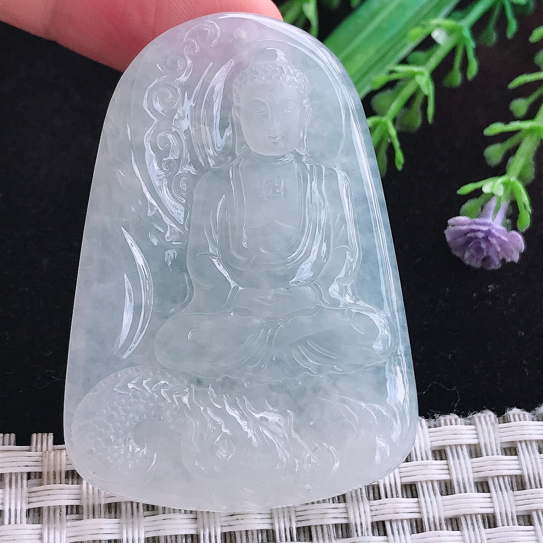 实拍A货翡翠54/38.6/6老坑冰纯白月光白冰大日如来佛吊坠翡翠玉挂件