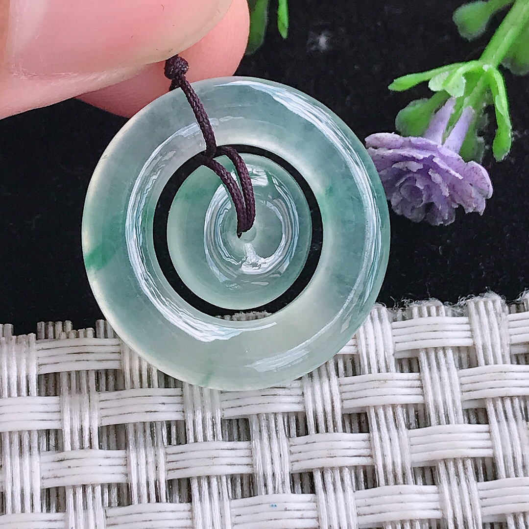 实拍A货翡翠21.4/4老坑冰种冰飘花母子扣平安扣吊坠翡翠玉挂件