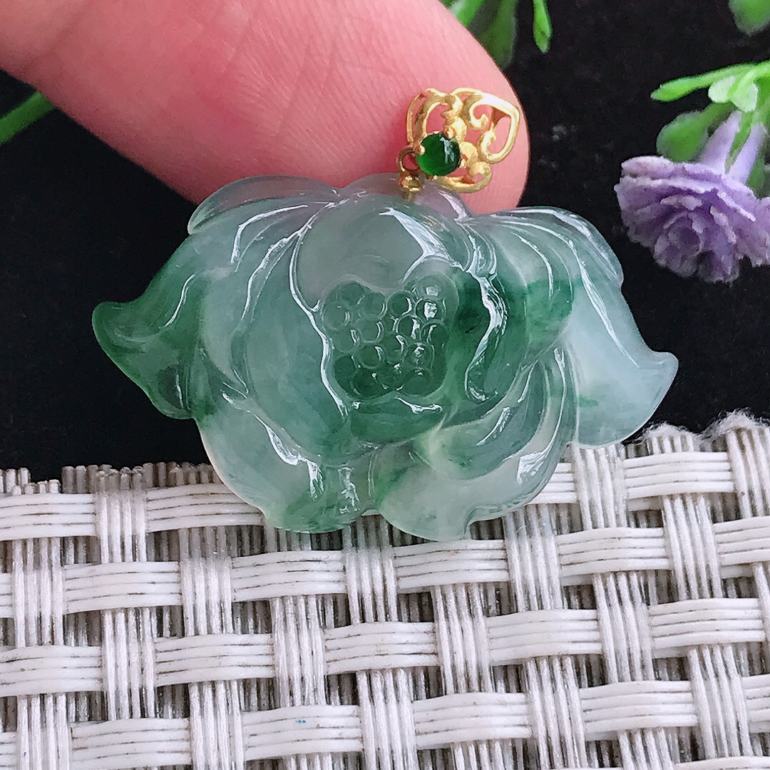实拍A货翡翠18.4/29.8/4.8老坑18k金镶嵌冰种冰飘花莲花吊坠翡翠玉挂件