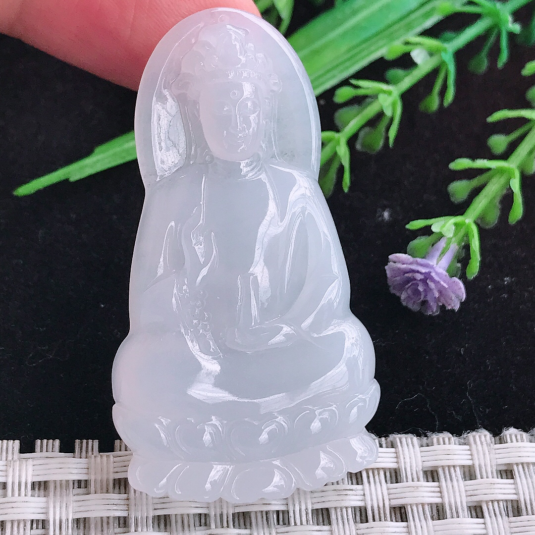 实拍A货翡翠50.5/28/5.5老坑冰润起胶白月光赐福观音吊坠翡翠玉挂件