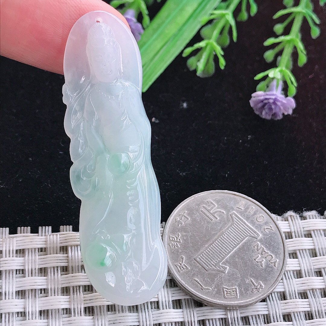 实拍A货翡翠54/15.8/4.6老坑秀气冰润飘绿站观音吊坠翡翠玉挂件