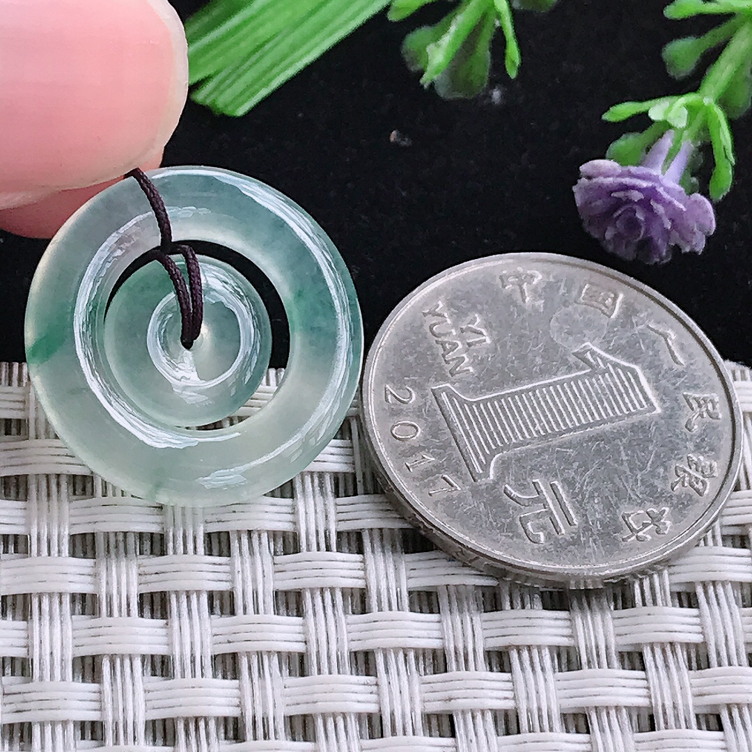 实拍A货翡翠21.4/4老坑冰种冰飘花母子扣平安扣吊坠翡翠玉挂件