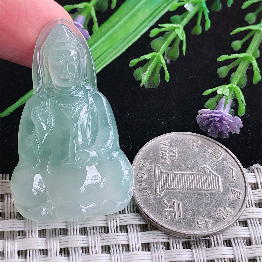 实拍A货翡翠41.3/25.3/5.4老坑冰种冰晴观音菩萨吊坠翡翠玉挂件