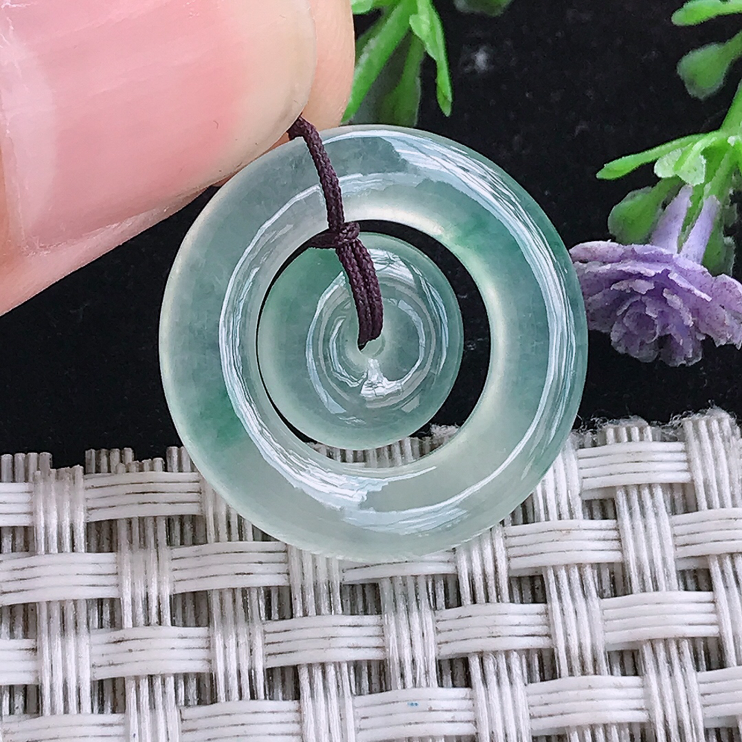 实拍A货翡翠21.4/4老坑冰种冰飘花母子扣平安扣吊坠翡翠玉挂件