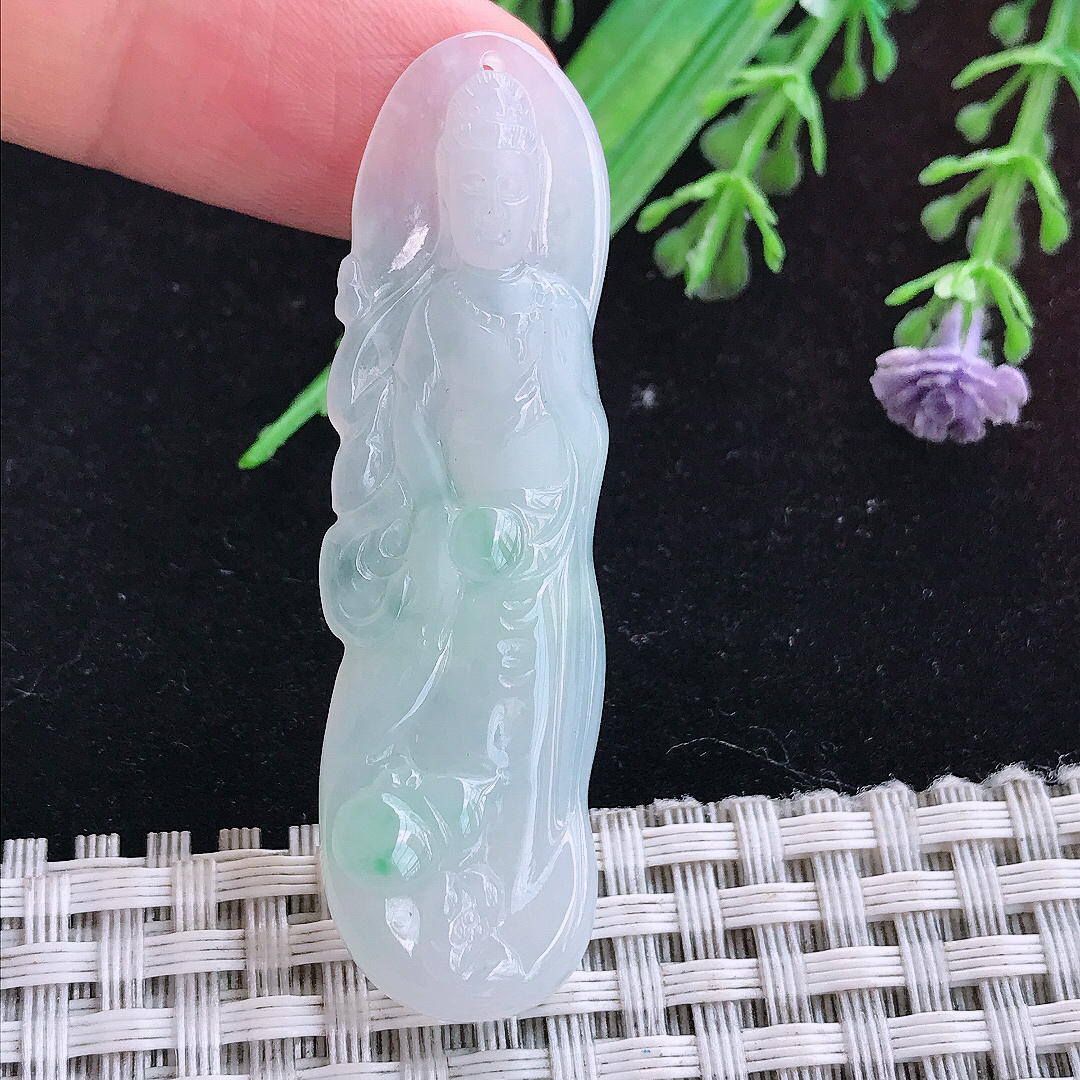实拍A货翡翠54/15.8/4.6老坑秀气冰润飘绿站观音吊坠翡翠玉挂件
