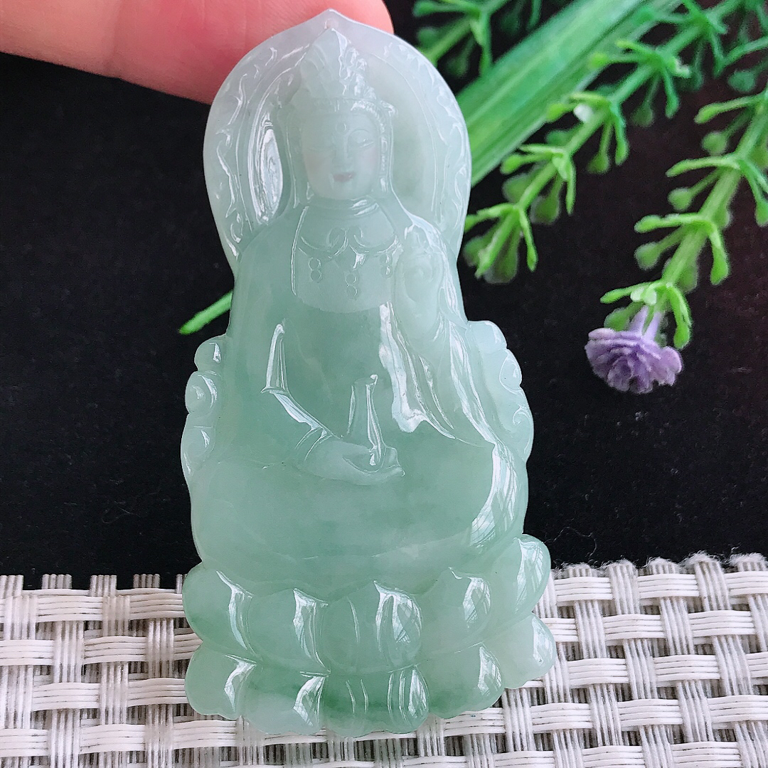实拍A货翡翠63.8/33.5/5.3老坑冰润起胶冰晴绿赐福观音吊坠翡翠玉挂件
