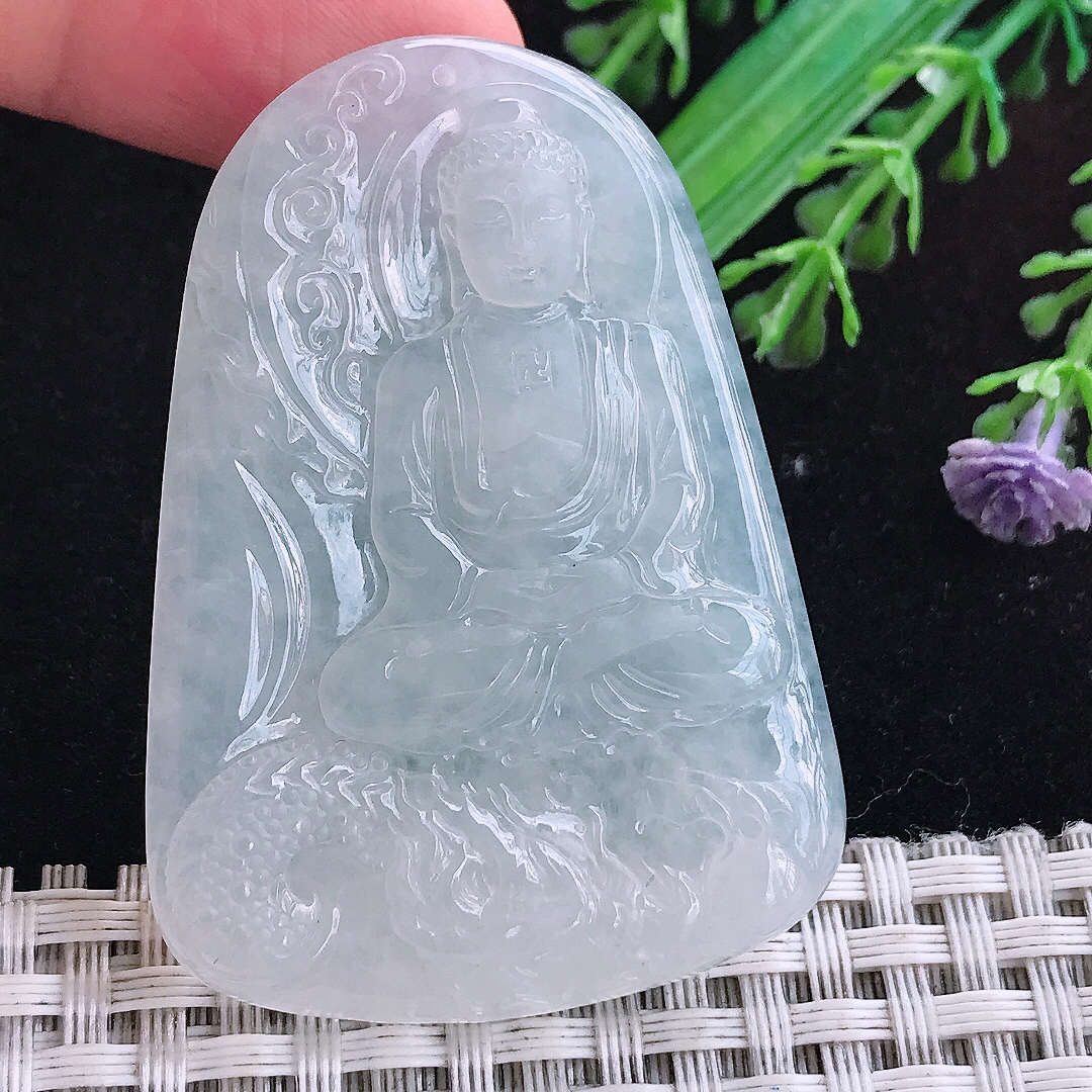 实拍A货翡翠54/38.6/6老坑冰纯白月光白冰大日如来佛吊坠翡翠玉挂件