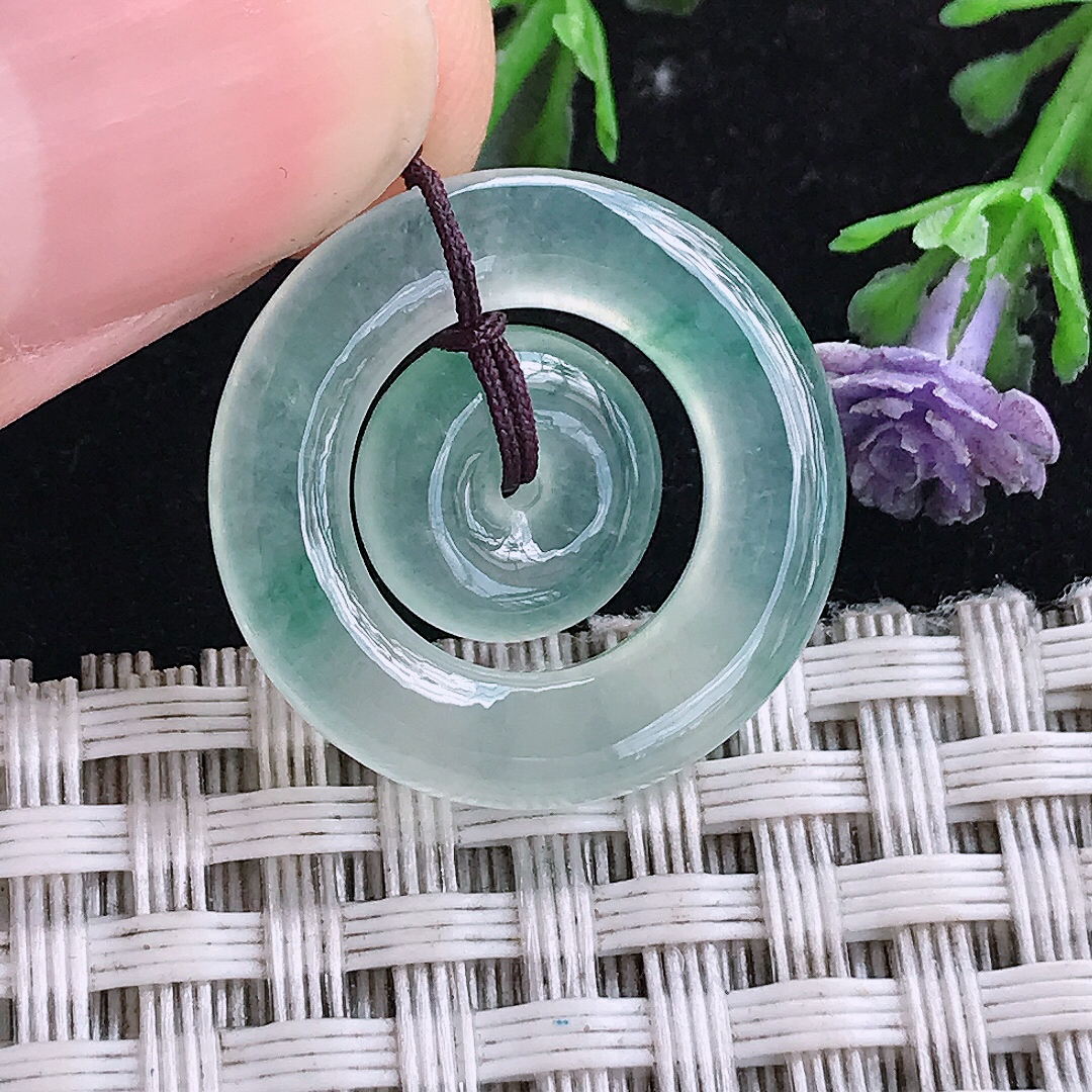 实拍A货翡翠21.4/4老坑冰种冰飘花母子扣平安扣吊坠翡翠玉挂件