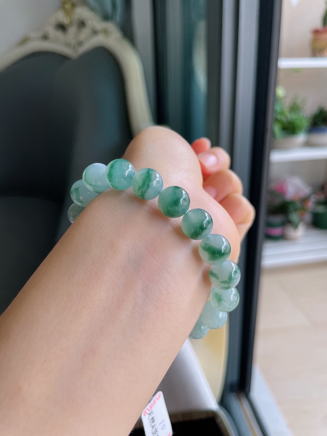 ️，缅甸天然翡翠A货，冰飘花手串，尺寸：10mm。【编4510】
