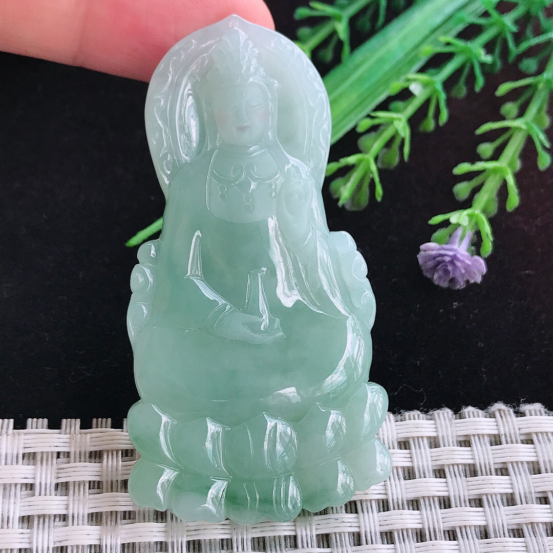 实拍A货翡翠63.8/33.5/5.3老坑冰润起胶冰晴绿赐福观音吊坠翡翠玉挂件