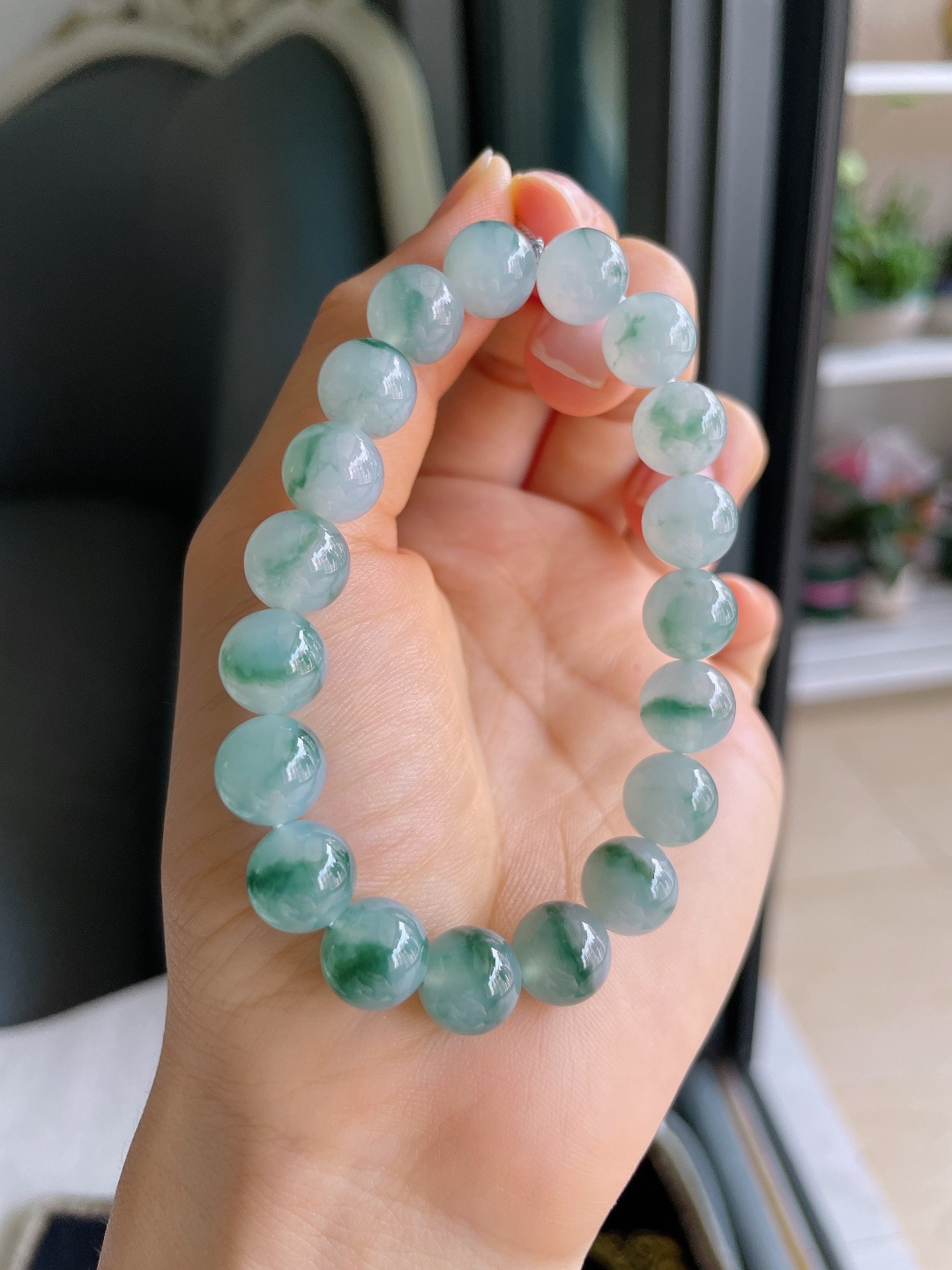 ️，缅甸天然翡翠A货，冰飘花手串，尺寸：10mm。【编4510】