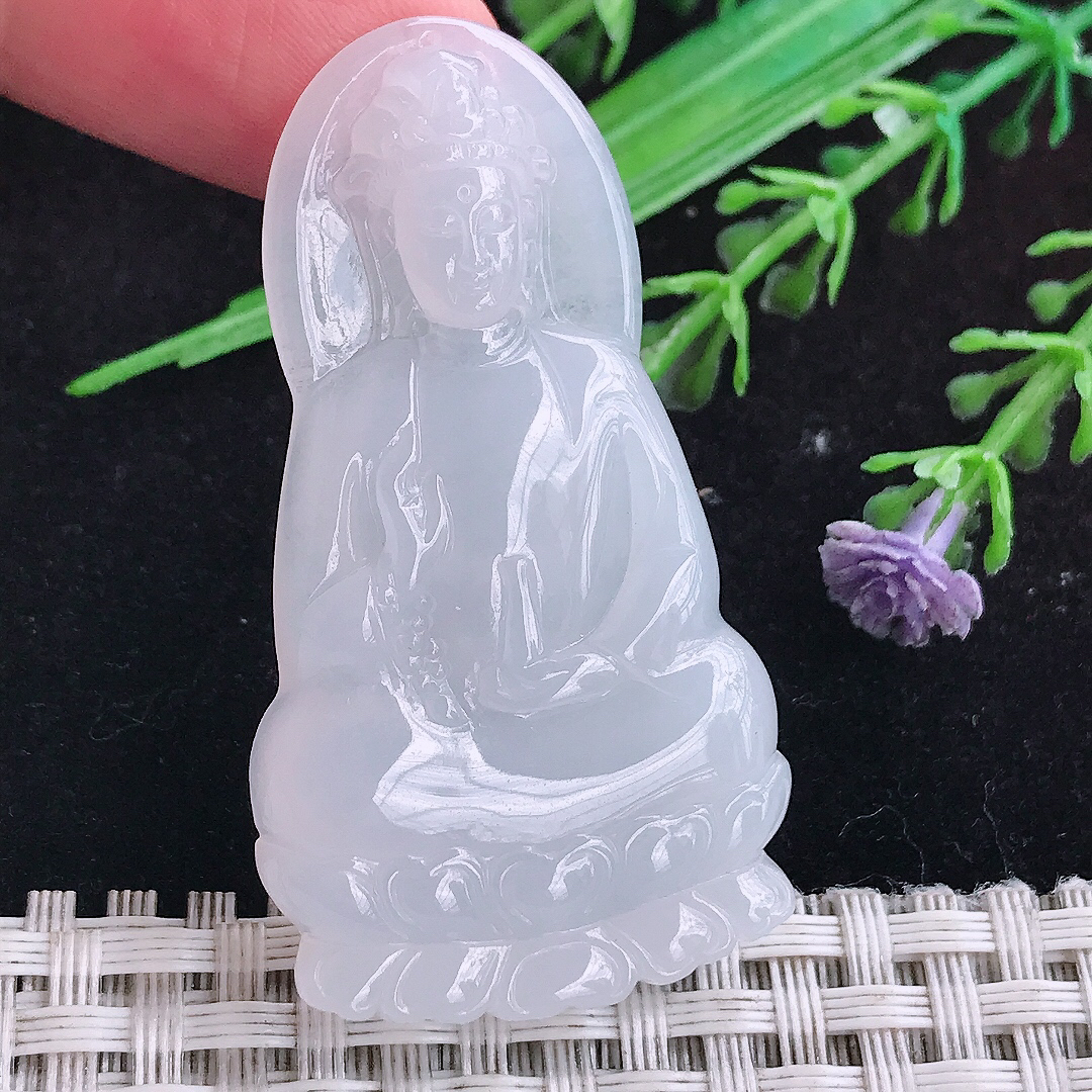 实拍A货翡翠50.5/28/5.5老坑冰润起胶白月光赐福观音吊坠翡翠玉挂件