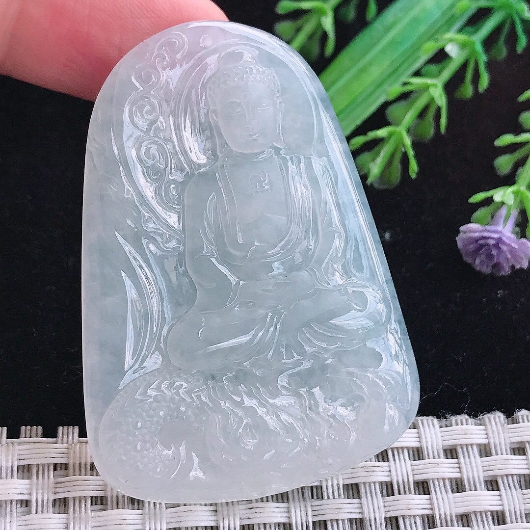 实拍A货翡翠54/38.6/6老坑冰纯白月光白冰大日如来佛吊坠翡翠玉挂件