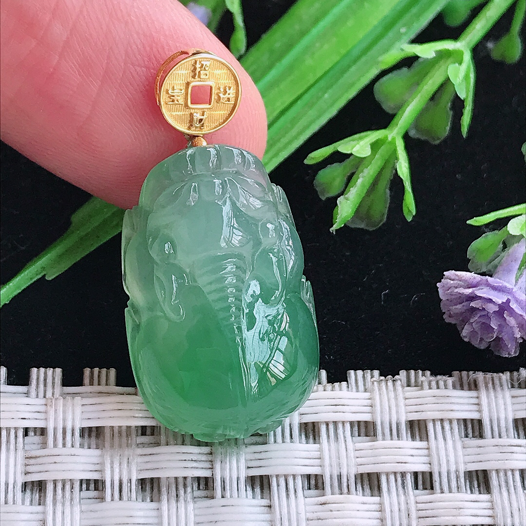实拍A货翡翠22.4/14.4/7.7老坑18k金镶嵌冰胶满绿貔貅吊坠翡翠玉挂件