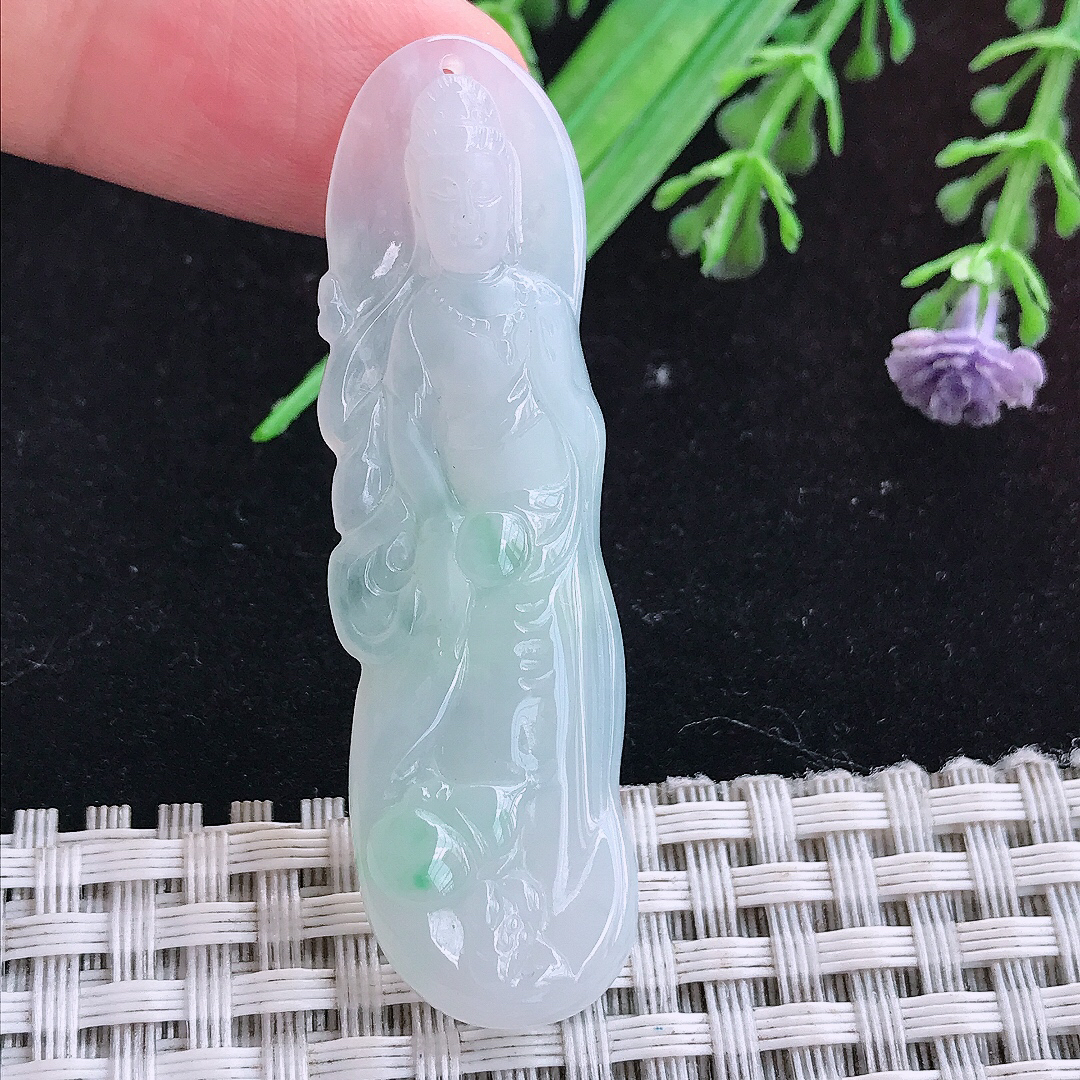 实拍A货翡翠54/15.8/4.6老坑秀气冰润飘绿站观音吊坠翡翠玉挂件