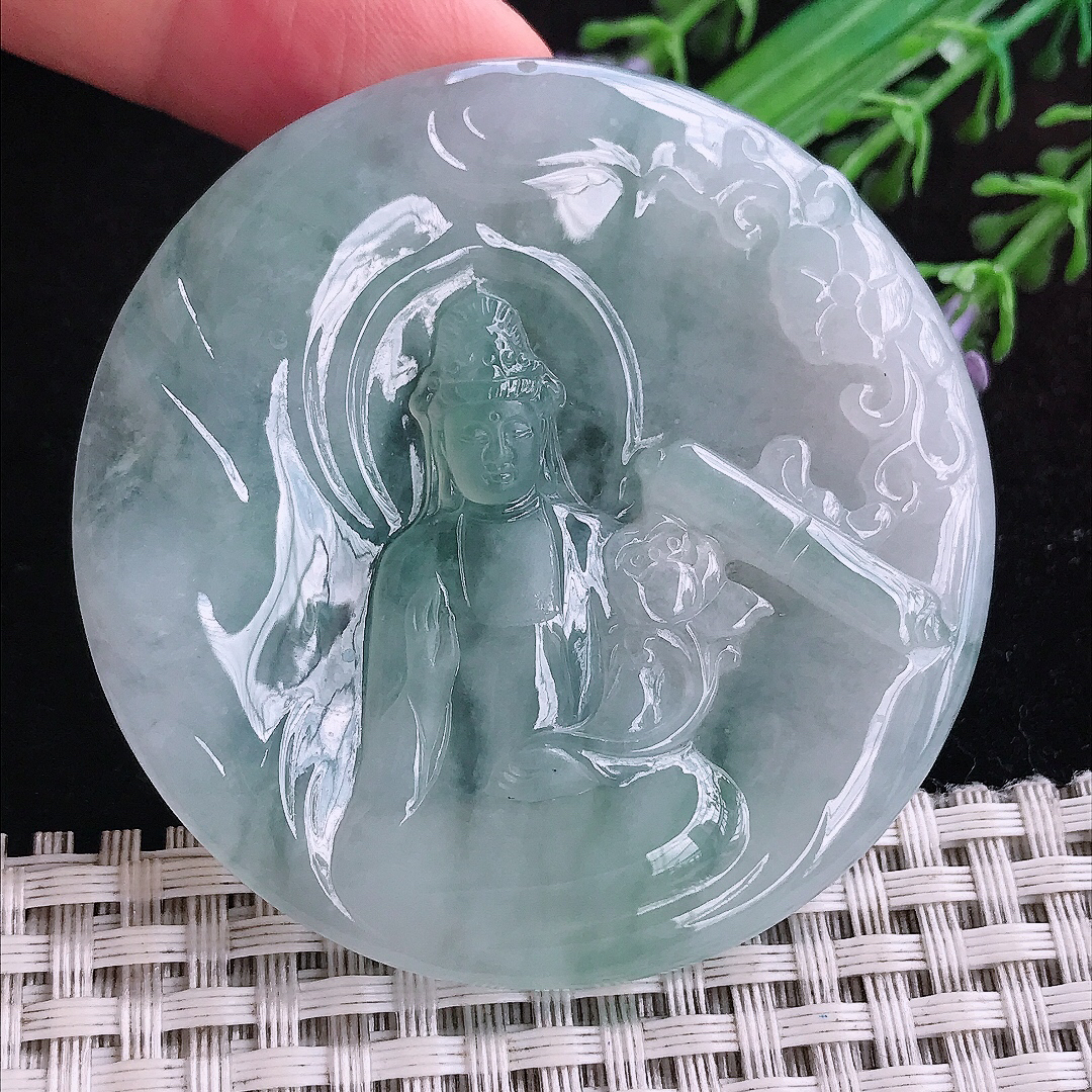 实拍A货翡翠57.5/5.5老坑冰润起胶赐福观音吊坠翡翠玉挂件