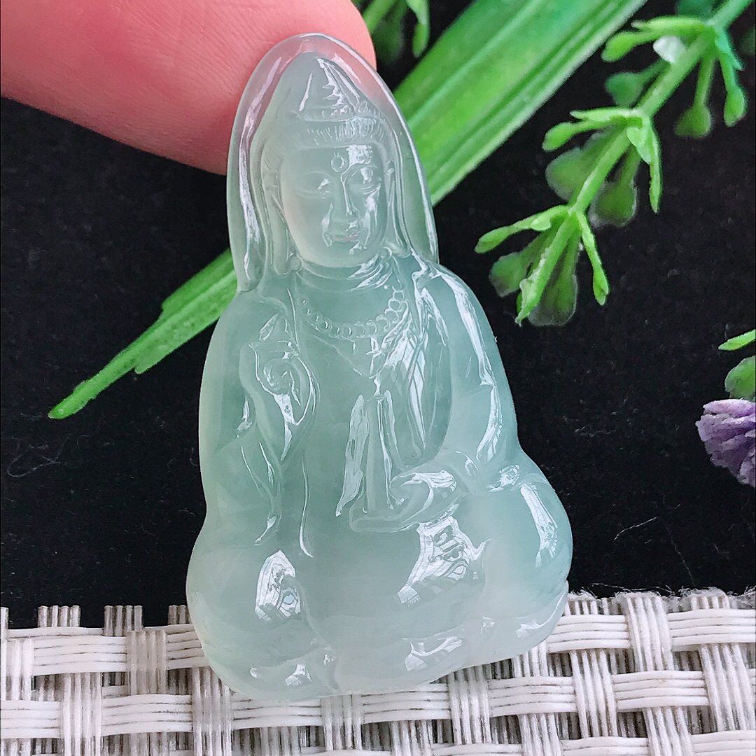 实拍A货翡翠41.3/25.3/5.4老坑冰种冰晴观音菩萨吊坠翡翠玉挂件