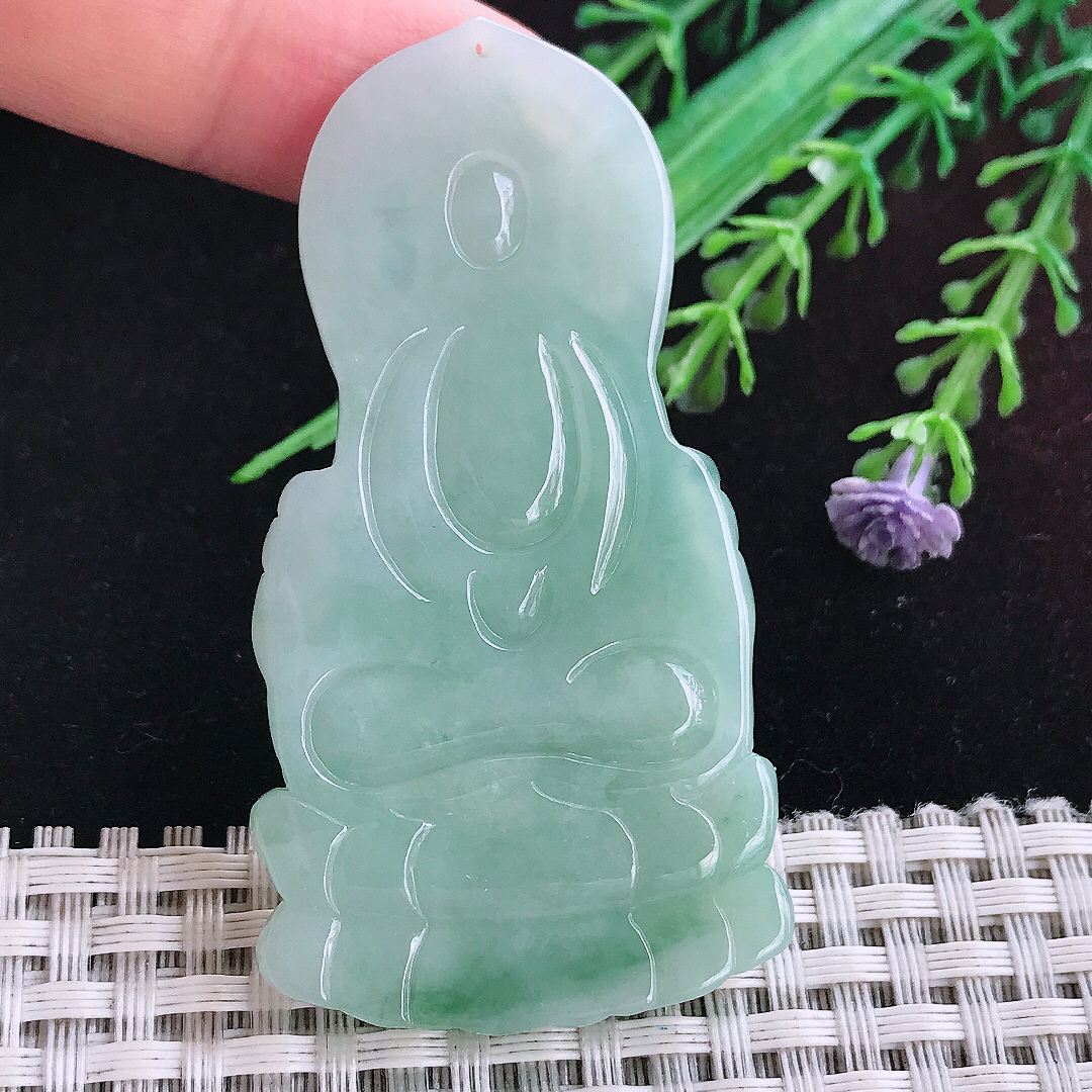 实拍A货翡翠63.8/33.5/5.3老坑冰润起胶冰晴绿赐福观音吊坠翡翠玉挂件